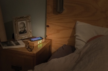 Logotrade promotional product image of: Bamboo alarm clock with 5W wireless charger