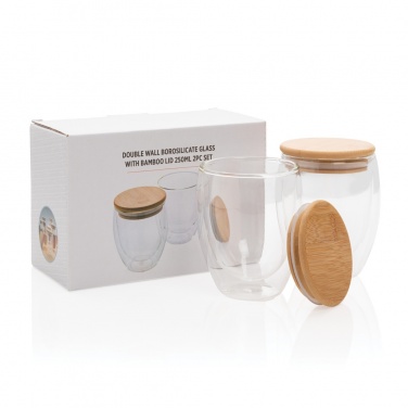 Logo trade promotional gifts image of: Double wall borosilicate glass with bamboo lid 250ml 2pc set
