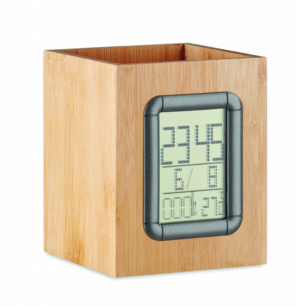 Logotrade promotional products photo of: Bamboo pen holder and LCD clock