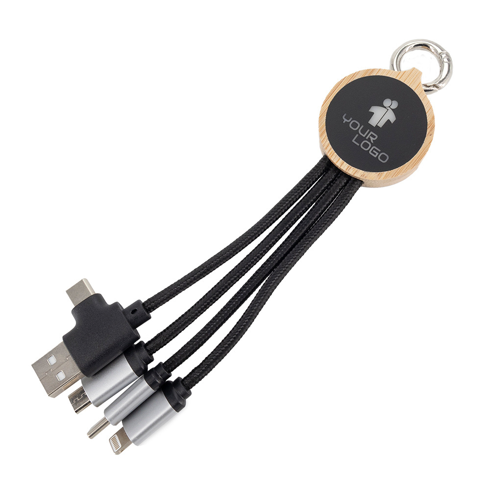 Logo trade promotional items image of: 4-in-1 cable with elighted logo in a wooden casing, LH-ZMU05