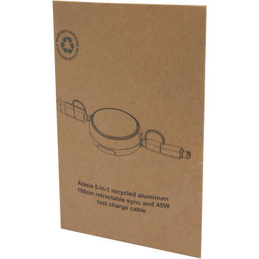 Logotrade promotional item image of: Alasia 5-in-1 100 cm recycled plastic and aluminium retractable data sync and 45W fast charge cable